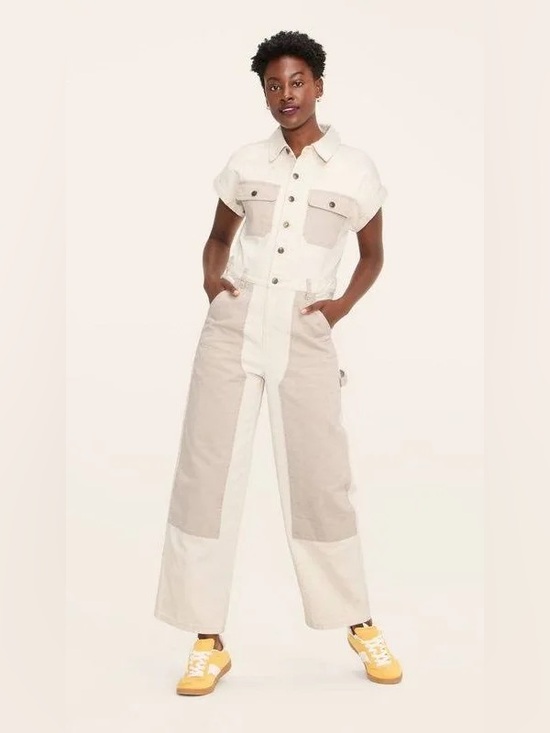 Woolrich Pants - Woolrich women’s Cream and Light Taupe Two-Tone Button Down Denim Jumpsuit